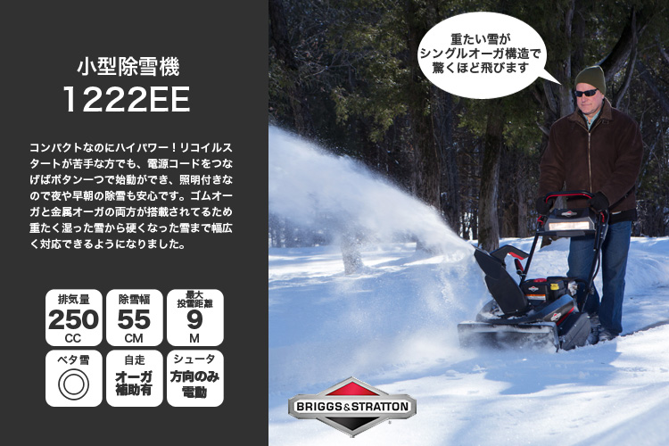除雪機 家庭用 1222EE 本体 小型 エンジン式 排気量250cc 除雪幅55cm 